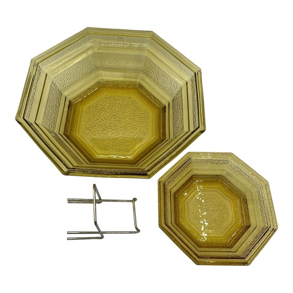 Vintage Anchor Hocking Amber Pebbled Glass Octagon Shape MCM Chip & Dip Bowl Set - Picture 6 of 12